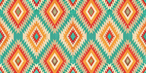 Colorful geometric pattern with vibrant red, orange, and teal hues.