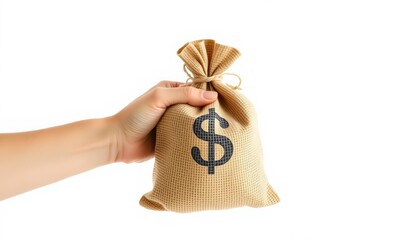 A hand holding a burlap sack of money against a plain white background,  closeup, funds