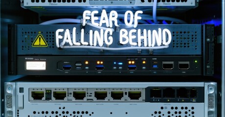 Server room equipment, blinking lights, network infrastructure. Text overlay reads FEAR OF FALLING BEHIND. Cables visible, suggesting data transmission. Industrial setting.