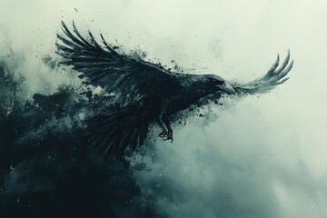 Dark raven in flight, abstract style