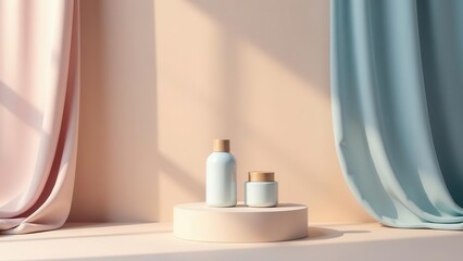 Elegant Cosmetic Products Displayed on a Minimalist Pedestal with Draped Fabric