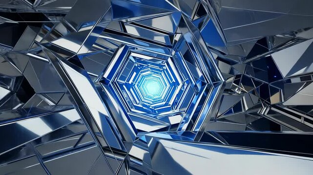 Captivating abstract futuristic chrome tunnel with glowing blue light at the end, geometrical and polygonal shapes, perspective.