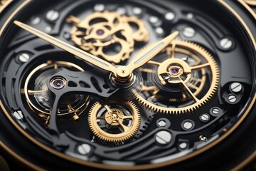 Intricate mechanical watch showcasing detailed gears and gold accents in a close-up view