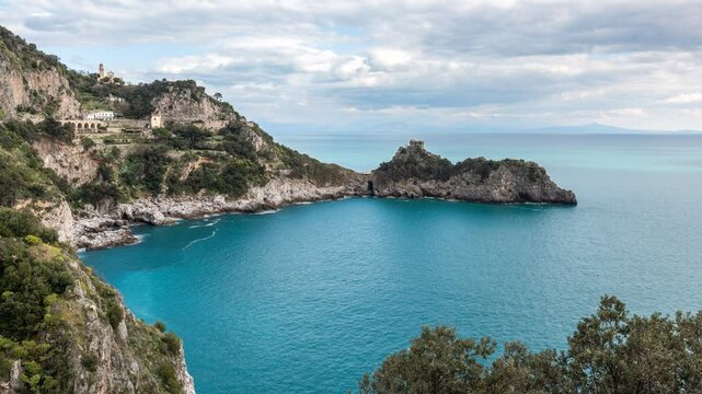 Time Lapse video of Conca dei Marini in Amalfi Coast, with blue sea, sun and clouds. Italy