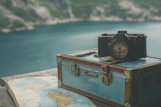 A vintage camera atop a faded antique suitcase, with a world map nearby, evocative of travel memories.