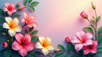 Obraz premium A Delicate Arrangement of Vibrant Pink and Yellow Flowers with Lush Green Foliage on a Soft Pink Background