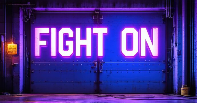 Naklejki Bold sign fight on in electric purple and blue thick letters shining over steel doors with bolts cables and gritty glow