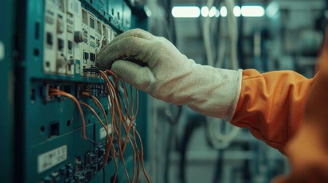 High-resolution image of electrician fixing electrical panel in industrial facility following safety protocols
