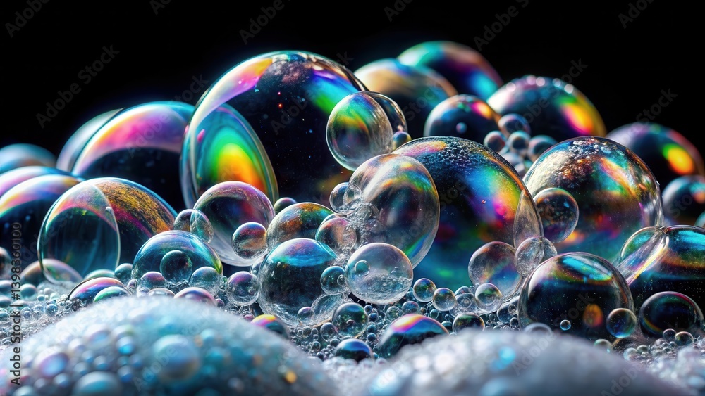 Poster a cluster of iridescent bubbles on a surface, shimmering with rainbow hues