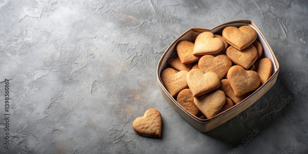 Poster a delightful collection of heart-shaped cookies, freshly baked and arranged in a rustic wooden box, 