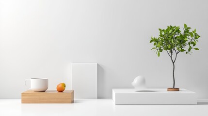 Minimalist still life arrangement on white background featuring plant and objects in modern setting