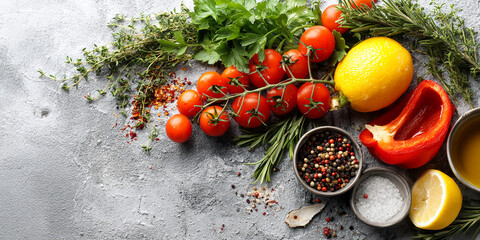 Overhead shot of fresh herbs, tomatoes, lemon, pepper, and spices on a gray surface, showcasing vibrant colors and textures, representing healthy cooking or food blog concept