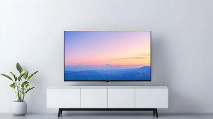 Modern Flat Screen Television Mounted On White Cabinet With Sunset Cityscape
