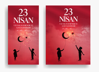 23 Nisan Ulusal Egemenlik ve Çocuk Bayramı Kutlu Olsun. (23rd April. national sovereignty and children's day) happy birthday. Boy and girl silhouettes with balloon moon and star icons. Atatürk günü.