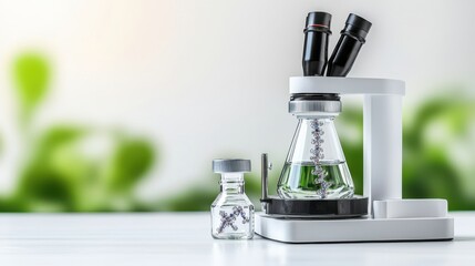 Laboratory equipment with glassware and microscope for research.