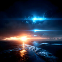 Alien Spaceship Over Ocean Sunset