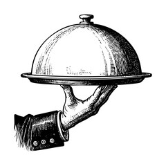 Hand hold tray sketch engraving black and white outline. Scratch board imitation.
