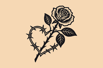 Black rose with barbed wire heart in bold engraving style