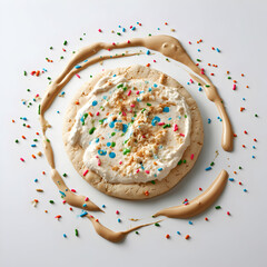 Circular Cookie with Whipped Cream and Sprinkles on White Background