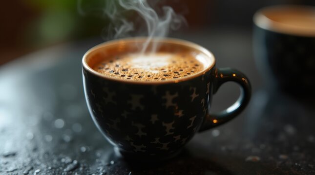 A coffee cup with a puzzle pattern on its surface, placed on a sleek black table. Steam rises from the cup, adding a touch of warmth to the scene, close-up shot. - Powered by Adobe