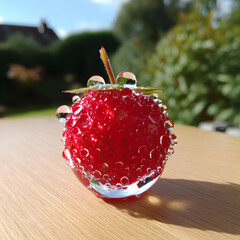 Closeup of a Red Strawberry Covered in Water Droplets on a Wooden Table with a Garden Background