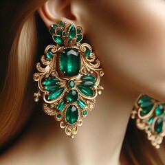 Ornate emerald earring, vintage-inspired jewelry, intricate gold filigree, large green gemstones, baroque design, close-up photograph, luxury accessories, ear lobe detail, symmetrical pattern