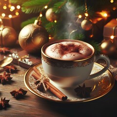 Christmas scene, cozy holiday atmosphere, cup of hot cocoa, cinnamon sticks, star anise, golden Christmas ornaments, pine branches, warm glowing lights, bokeh effect, festive decorations
