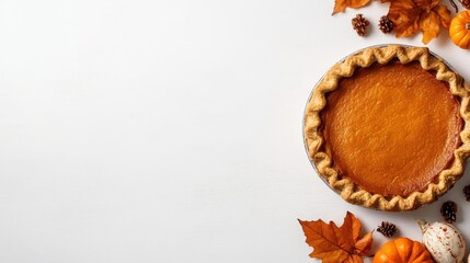 A beautifully baked pumpkin pie sits elegantly surrounded by vibrant autumn leaves, tiny pumpkins, and pinecones, evoking the warm atmosphere of fall festivities.