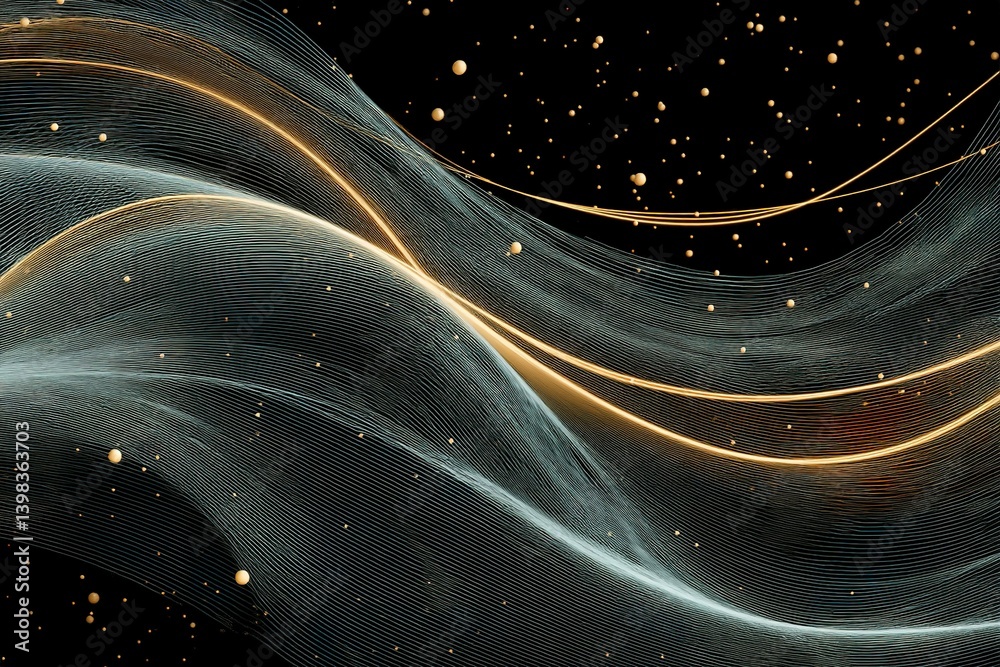 Poster flowing waves in a cosmic space filled with glowing particles and intricate light patterns