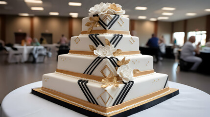 Five Tier Geometric Wedding Cake with White Gold and Black Accents