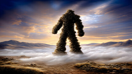 Giant Stone Figure at Sunset in a Misty Mountain Landscape