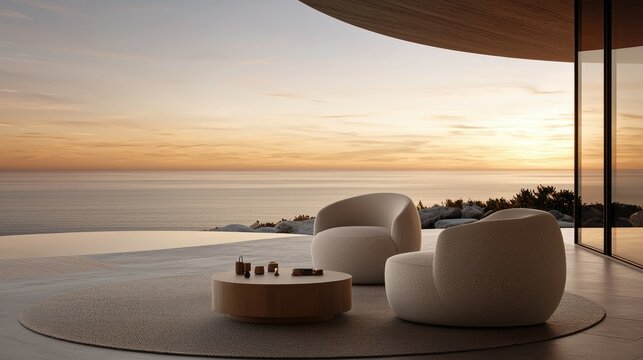 Luxurious outdoor seating arrangement overlooking the expansive ocean view