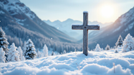 A tranquil snowy mountain landscape with a solitary cross standing out against the vast expanse of white.