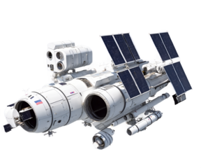 Futuristic Space Station, A Detailed Illustration of a Floating Spaceport with Emitting Lights and Advanced Technology in Zero Gravity of Outer Space
