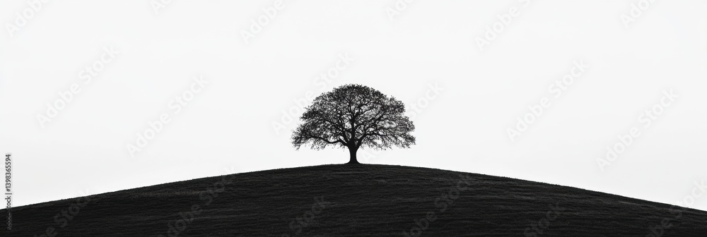 Poster silhouette of a lone tree on a hill captured in minimalist black and white during a cloudy day