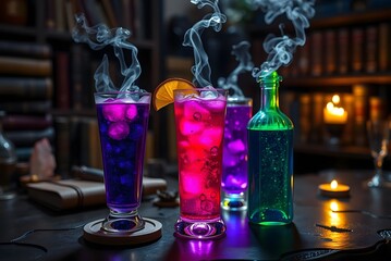Mystical Collection of Steaming Potions and Crystals in a Witch's Study