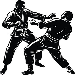 Silhouettes judoist, judoka, fighter in a duel, fight, judo sport, martial art, sport silhouettes vector