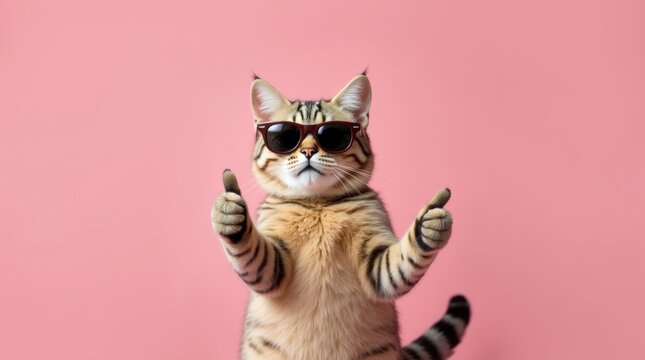 Cool cat wearing sunglasses and giving thumbs up against a pink background. 