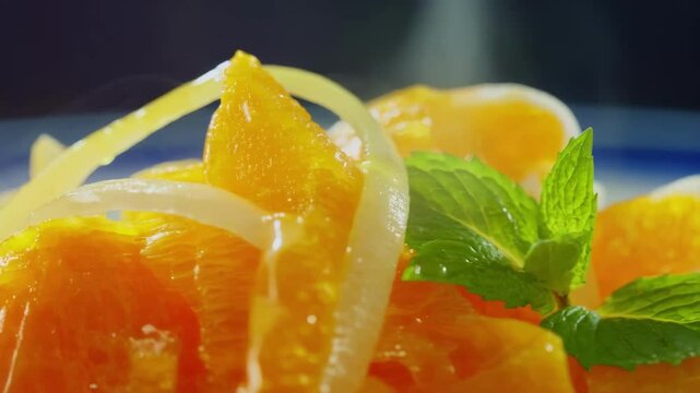 Close-up of fresh orange segments garnished with mint leaves and thin onion slices, showcasing vibrant colors and textures.