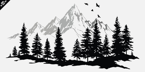 pine tree and mountain silhouette vector with bold outlines and high contrast