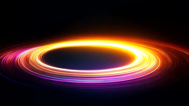 Glowing neon ring, swirling light, dark background, abstract design, website banner