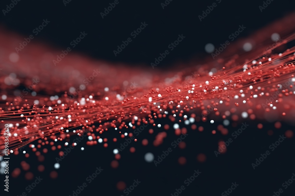 Wall mural waves of red and white particles flowing in a dark background creating an abstract digital landscape