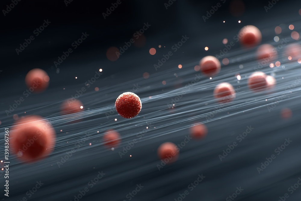 Poster microscopic view of red particles moving through a dark, abstract space showing dynamic motion and d