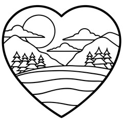 Peaceful Sunset Over a Heart Lake - Line Art