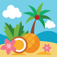 tropical beach with palm tree and tropical flowers