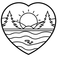 Peaceful Sunset Over a Heart Lake - Line Art