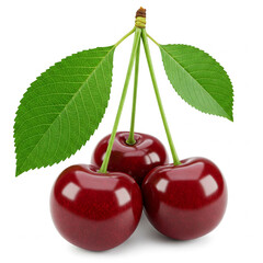 Trio of Freshly Washed Dark Red Cherries: Close-Up with Water Droplets, Green Stems, and Leaves on a Clean White Background for Healthy Eating and Summer Produce