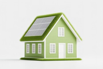 Eco-friendly house with solar panels and greenery surrounding its roof