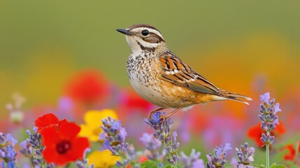 Small, colorful bird perched amidst vibrant wildflowers