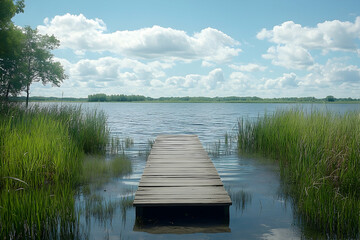 A tranquil wooden dock extends over a serene lake under a partly cloudy sky.